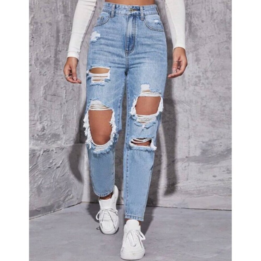 SHEIN EZwear High Waist Straight Leg Ripped Mom Jeans Size 6 Medium